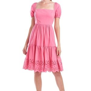 Kay Unger Erica Statement Sleeve Dress - Pink Midi Dress with Eyelet Hem
